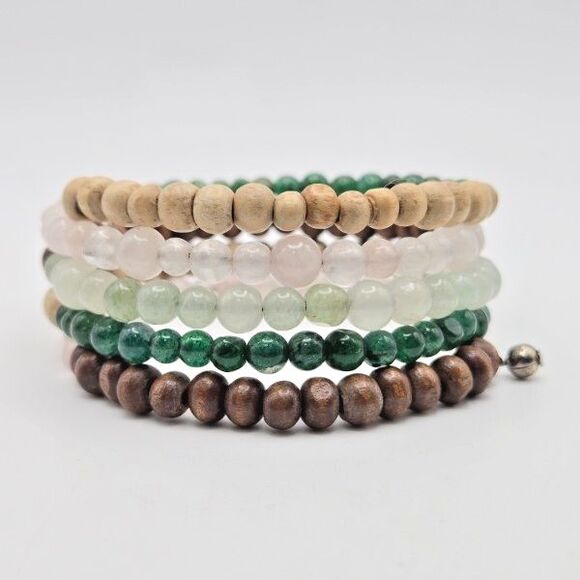 Handmade Semi-Precious Stones‎ and Wood Beaded Memory Wire Bracelet 5 Layers - Picture 4 of 4